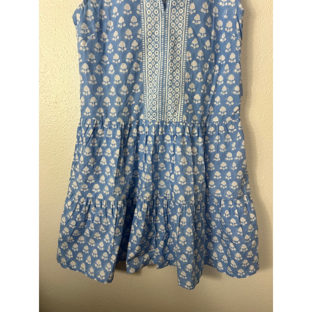 RNWK Floral Block Print Tiered Cotton Mini Dress Blue White Medium Preppy - Picture 4 of 8
